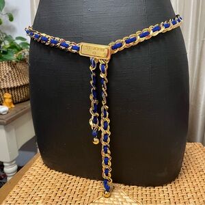 Vintage St John Gold Tone Chain Belt Santana Knit Navy Blue Rare Logo Adjustable